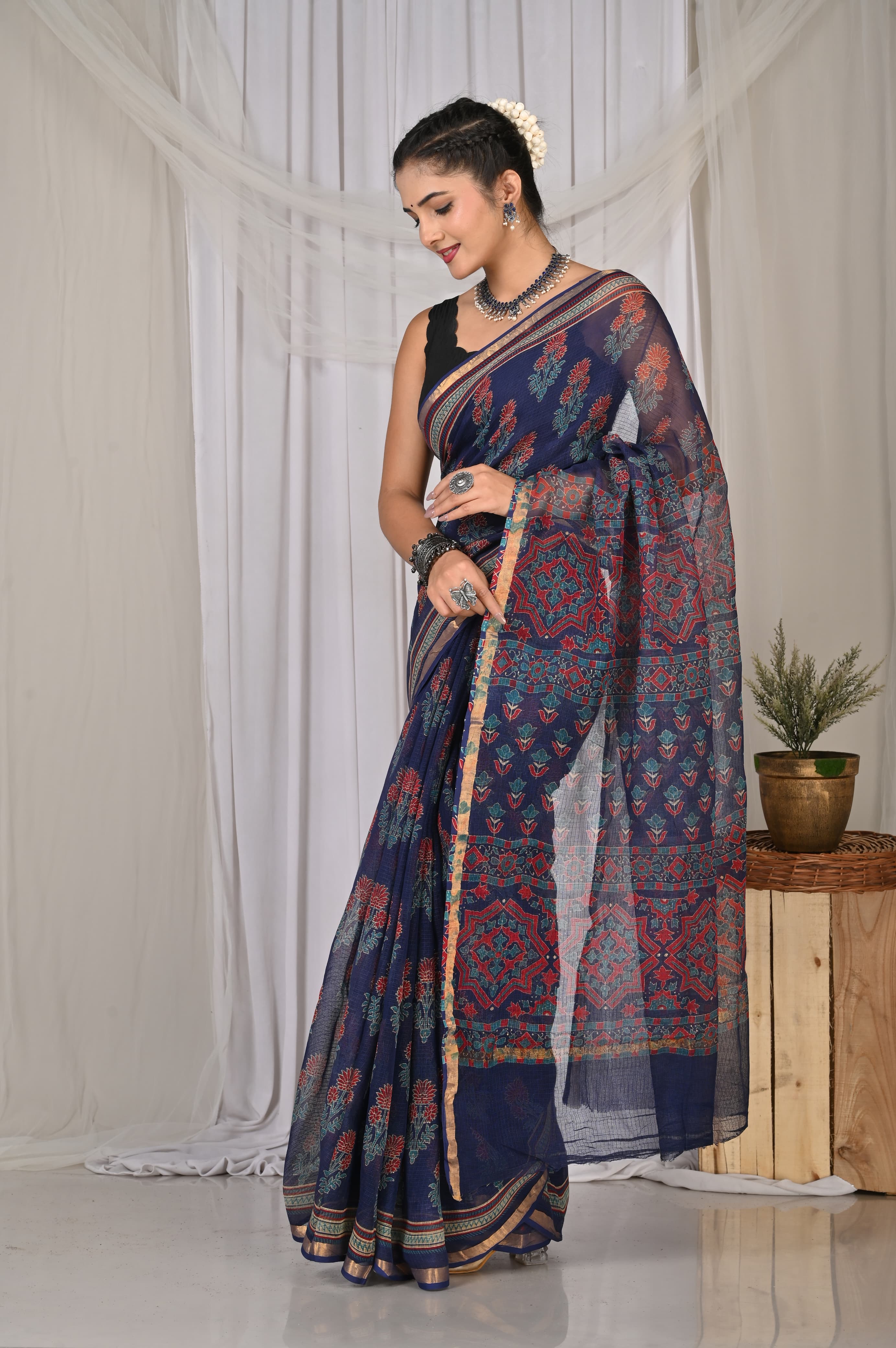 Buy Blue Handblock Printed Premium Kota Doria Saree