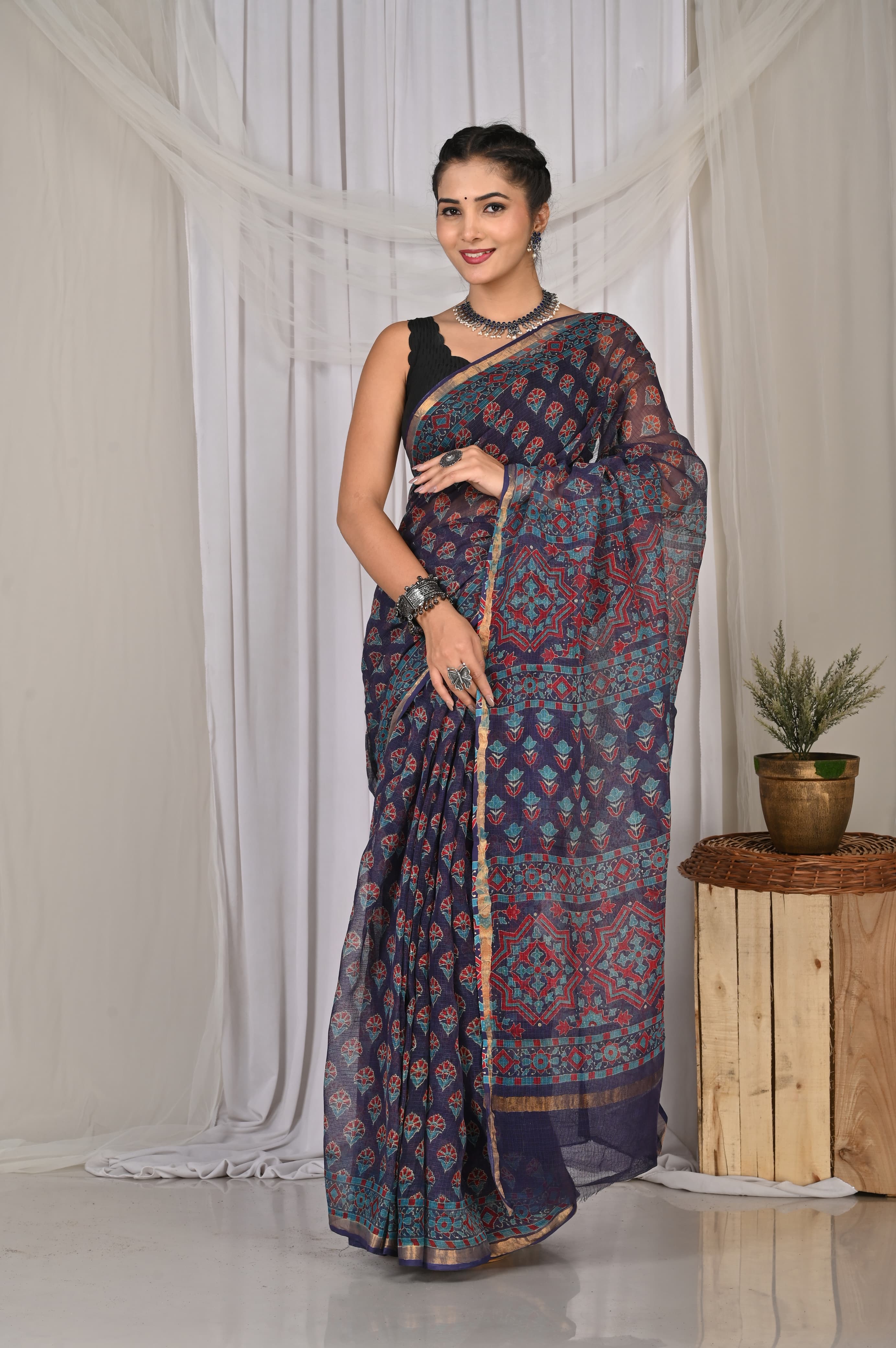 Buy Blue Handblock Printed Premium Kota Doria Saree