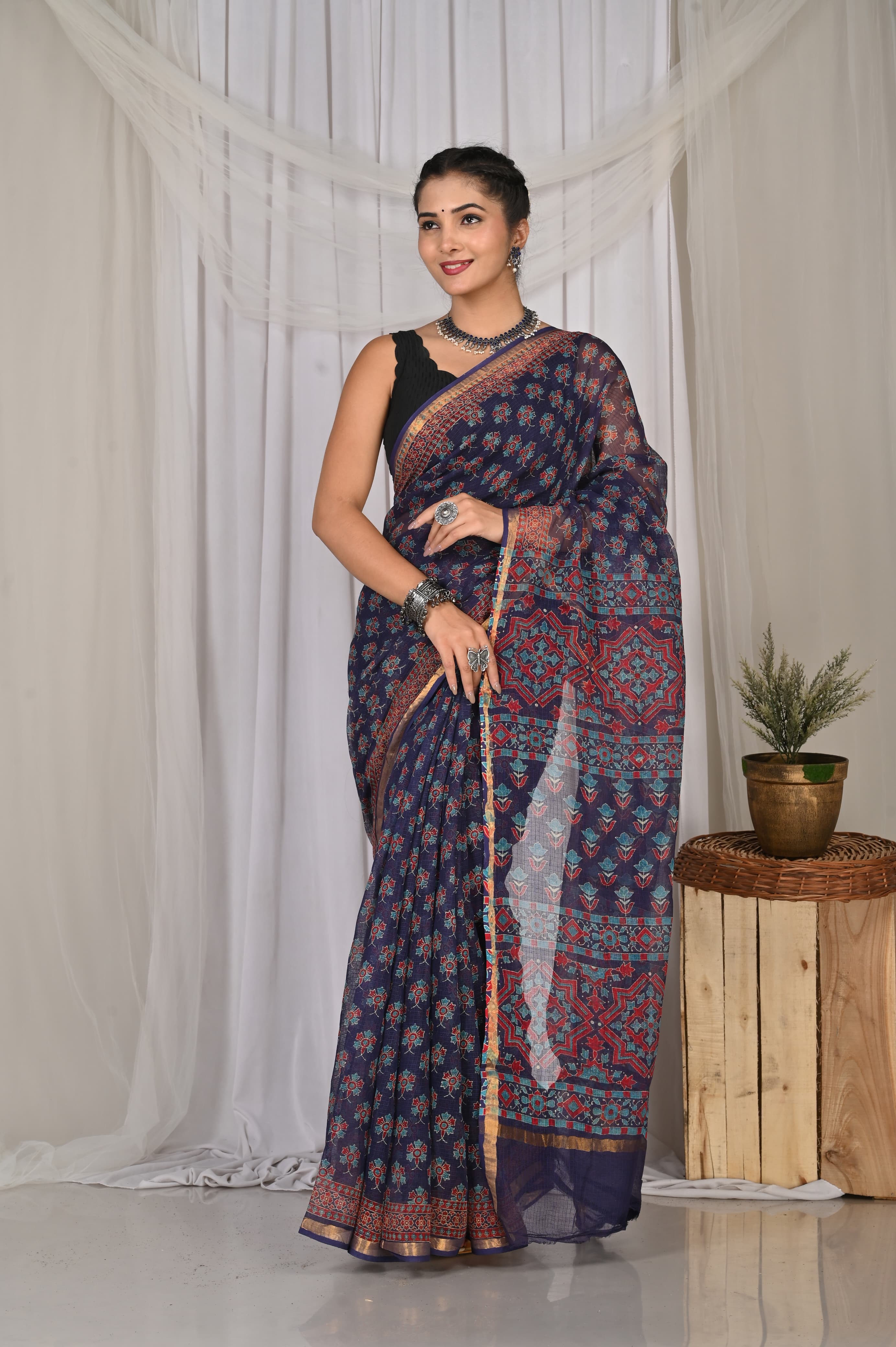 Buy Blue Handblock Printed Premium Kota Doria Saree
