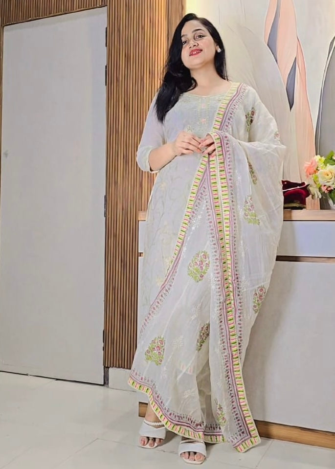 Buy Cream Jaipuri Premium Embroidery Suit Set Online