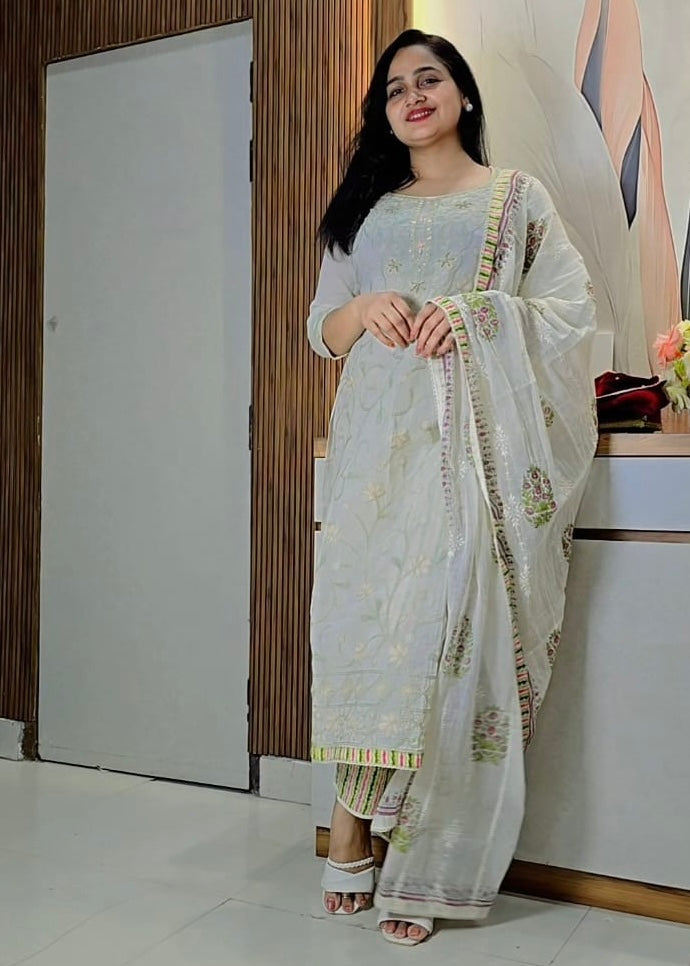 Buy Cream Jaipuri Premium Embroidery Suit Set Online