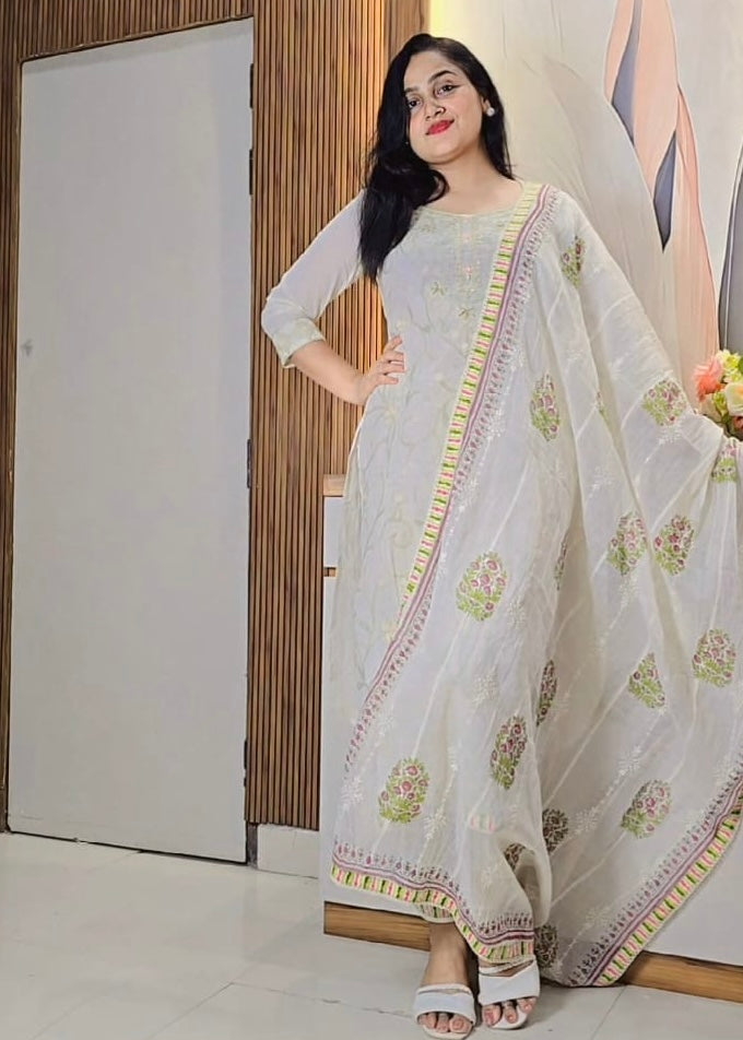 Buy Cream Jaipuri Premium Embroidery Suit Set Online