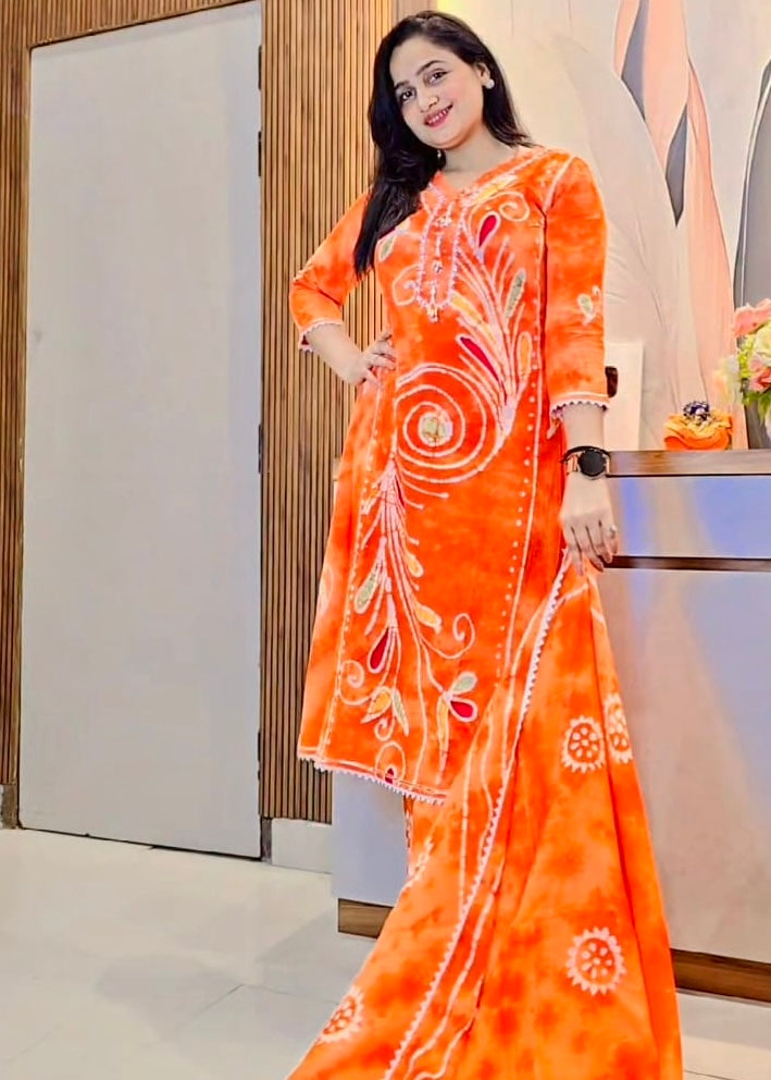 Buy Orange Jaipuri Batik Print Suit Set Online
