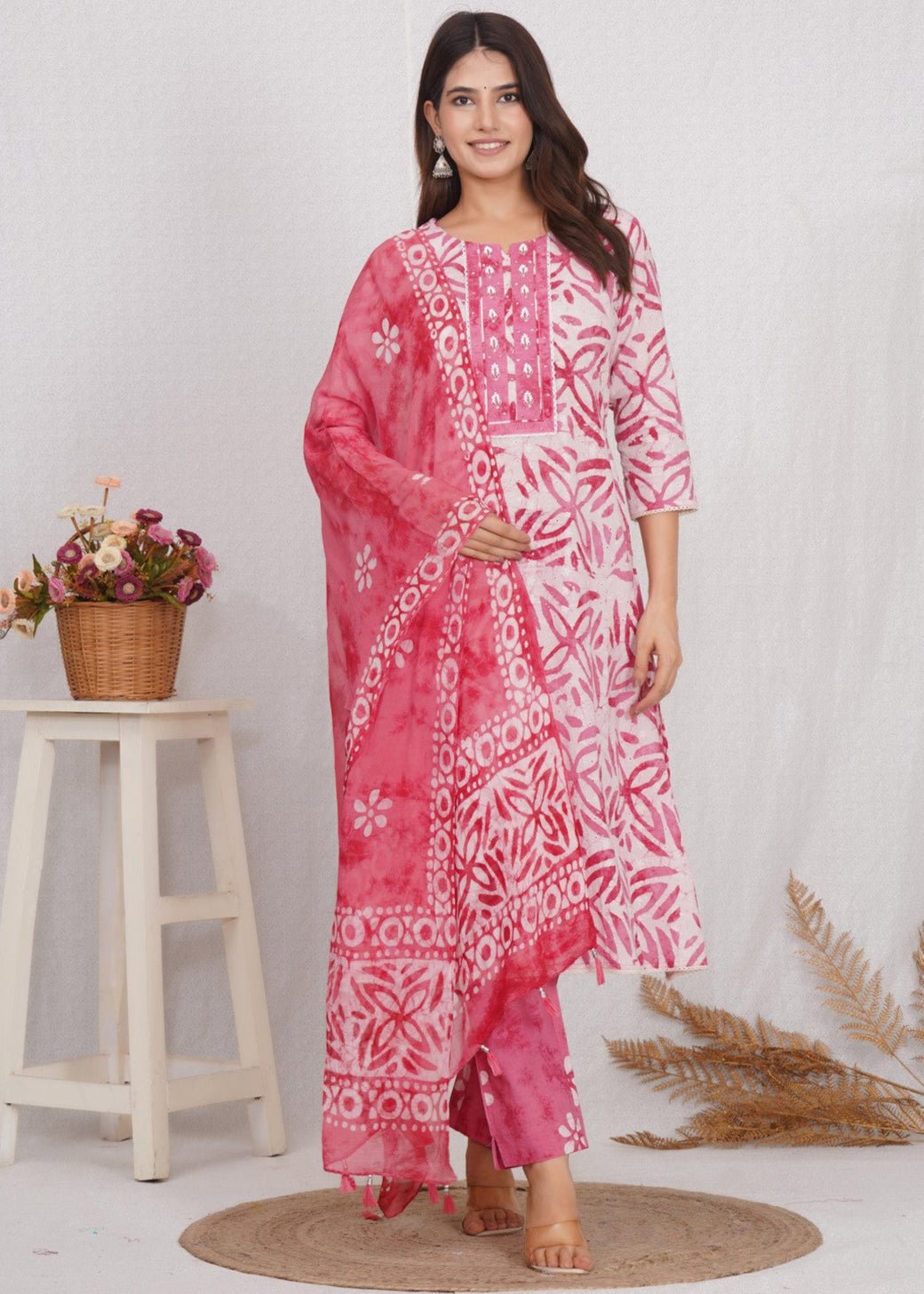 Buy Pink Chikankari Sanganeri Print Hand Work Suit Set
