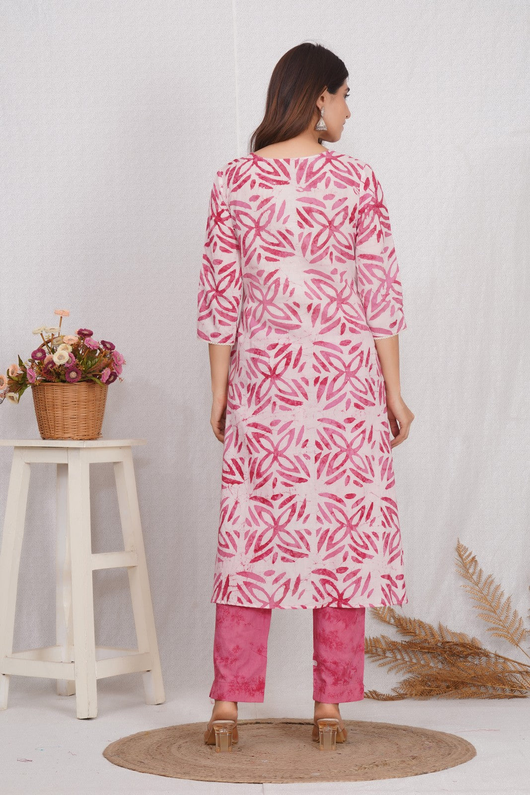 Buy Pink Chikankari Sanganeri Print Hand Work Suit Set