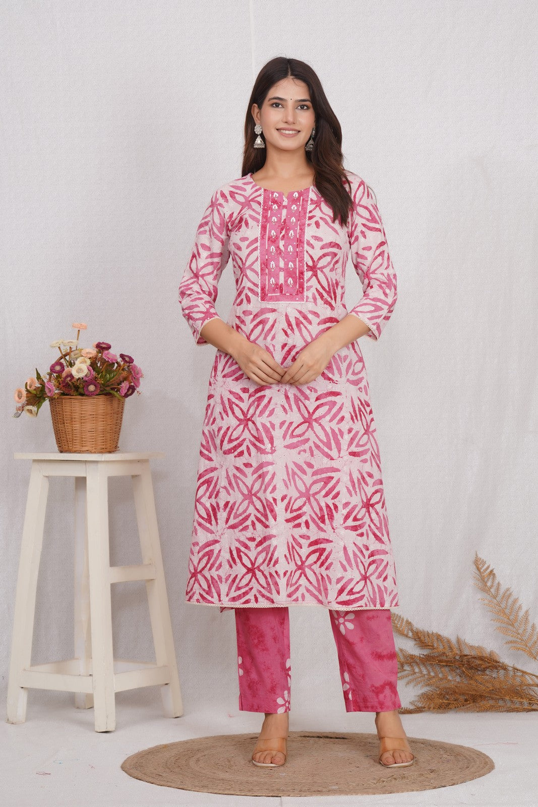 Buy Pink Chikankari Sanganeri Print Hand Work Suit Set