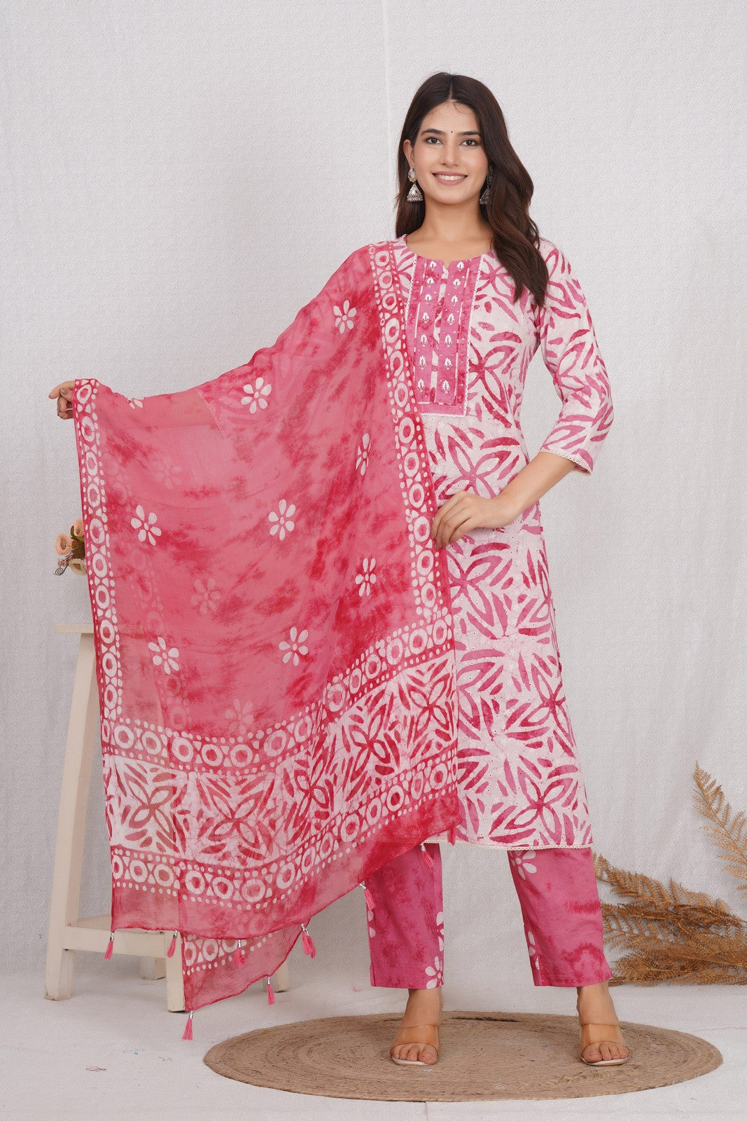 Buy Pink Chikankari Sanganeri Print Hand Work Suit Set