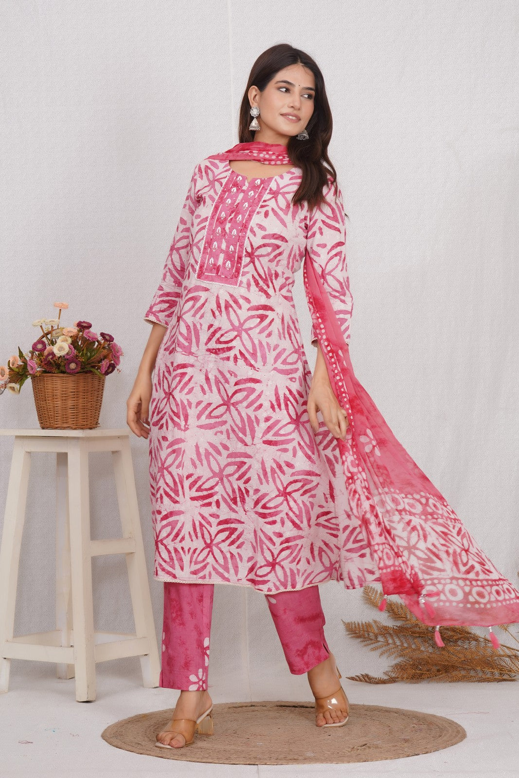 Buy Pink Chikankari Sanganeri Print Hand Work Suit Set