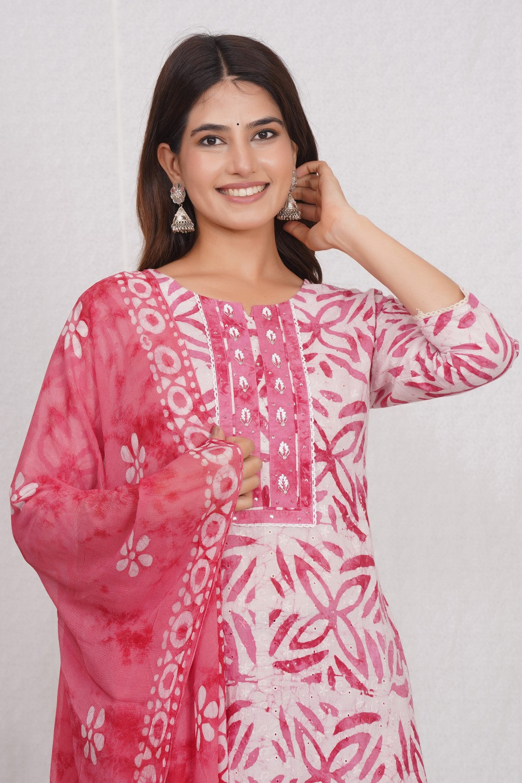 Buy Pink Chikankari Sanganeri Print Hand Work Suit Set