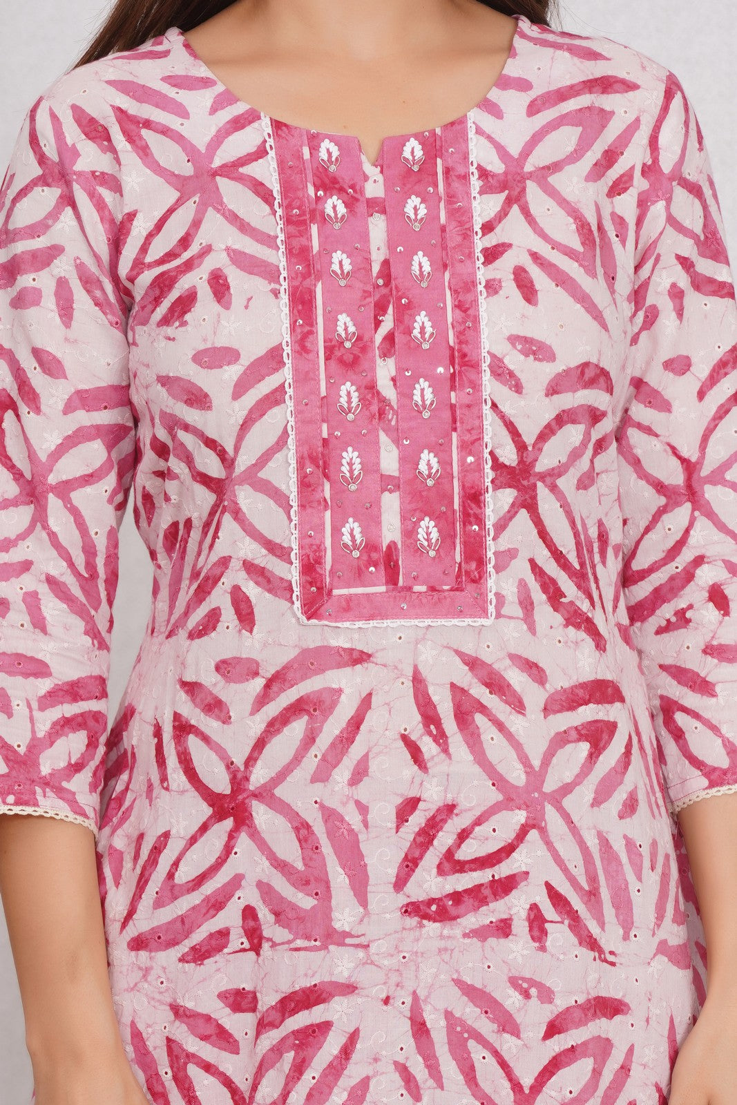 Buy Pink Chikankari Sanganeri Print Hand Work Suit Set