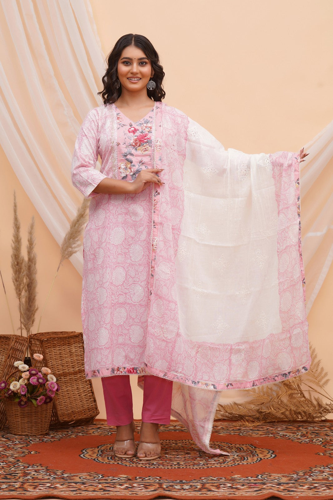Buy Pink Jaipuri Print Beautiful Hand Work Suit Set Online