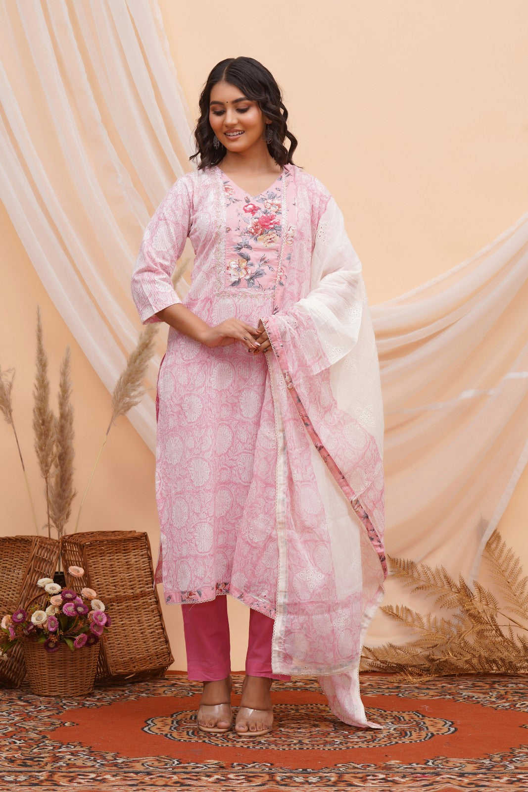 Buy Pink Jaipuri Print Beautiful Hand Work Suit Set Online