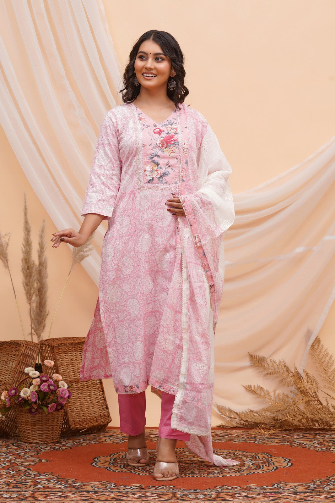 Buy Pink Jaipuri Print Beautiful Hand Work Suit Set Online