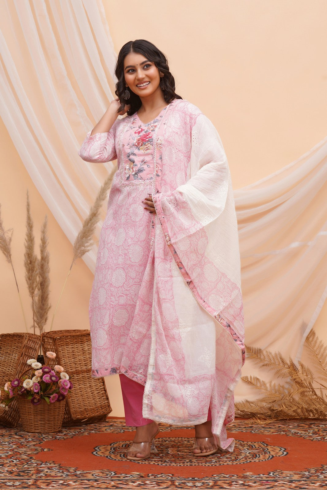 Buy Pink Jaipuri Print Beautiful Hand Work Suit Set Online