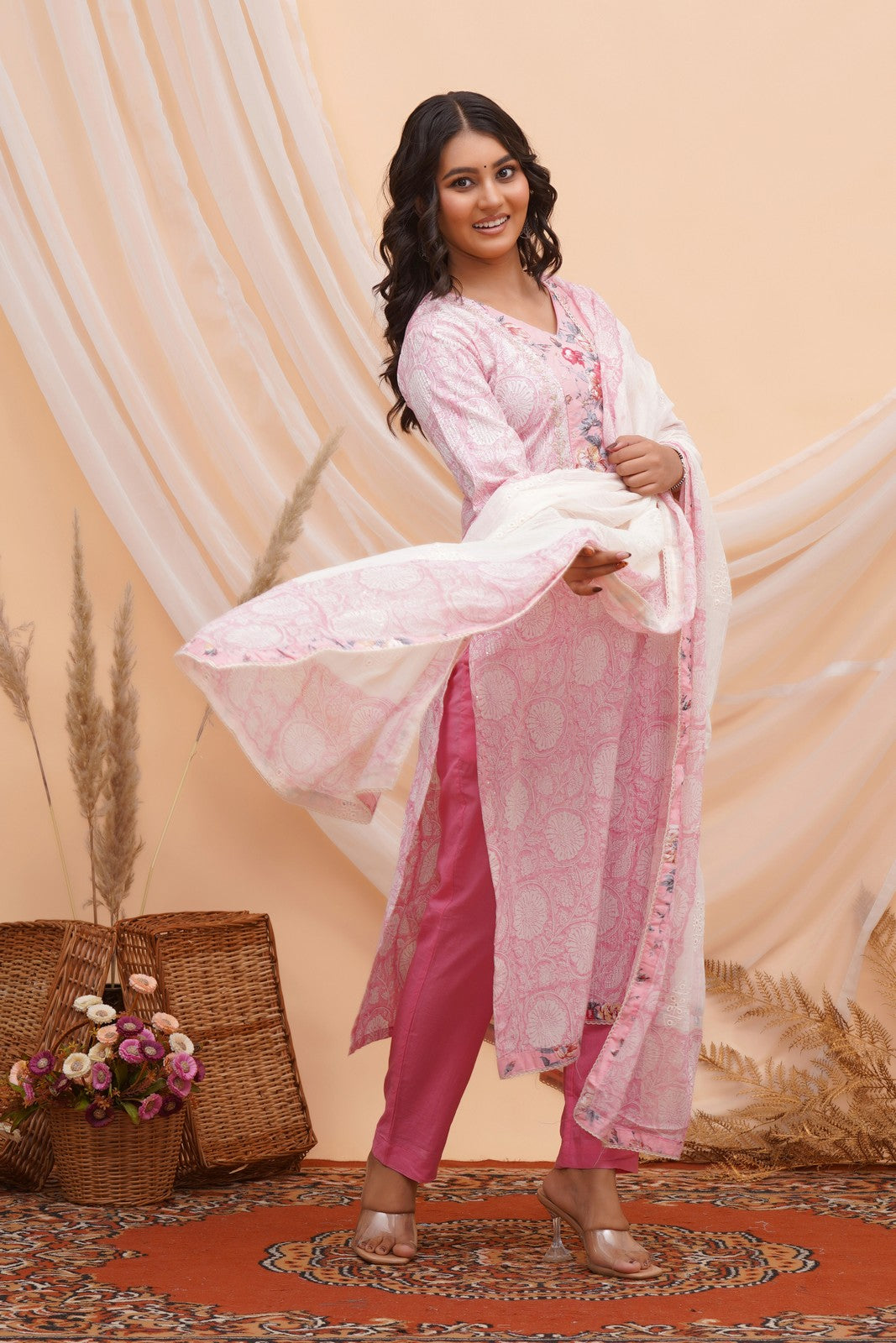 Buy Pink Jaipuri Print Beautiful Hand Work Suit Set Online