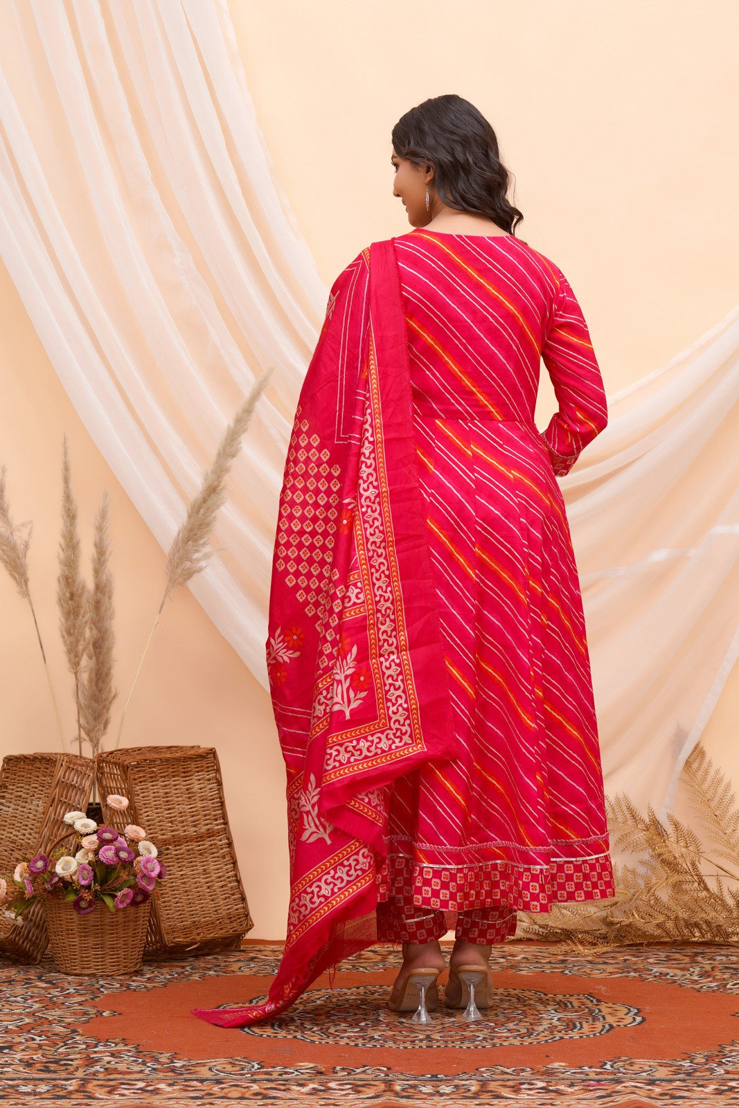 Buy Pink Leheriya Print Anarkali Suit Set Online