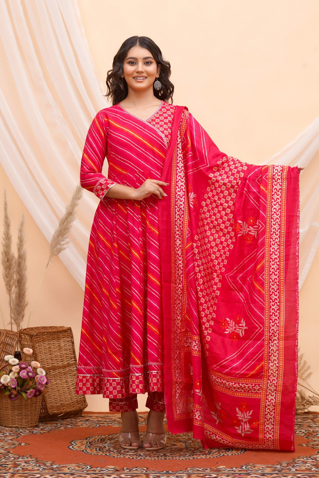 Buy Pink Leheriya Print Anarkali Suit Set Online