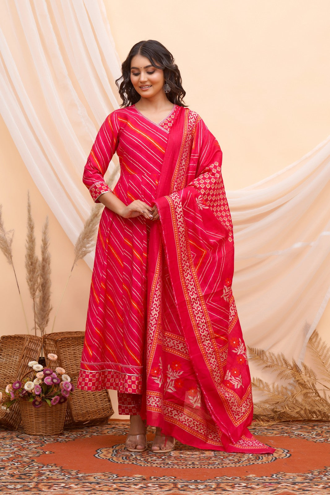 Buy Pink Leheriya Print Anarkali Suit Set Online