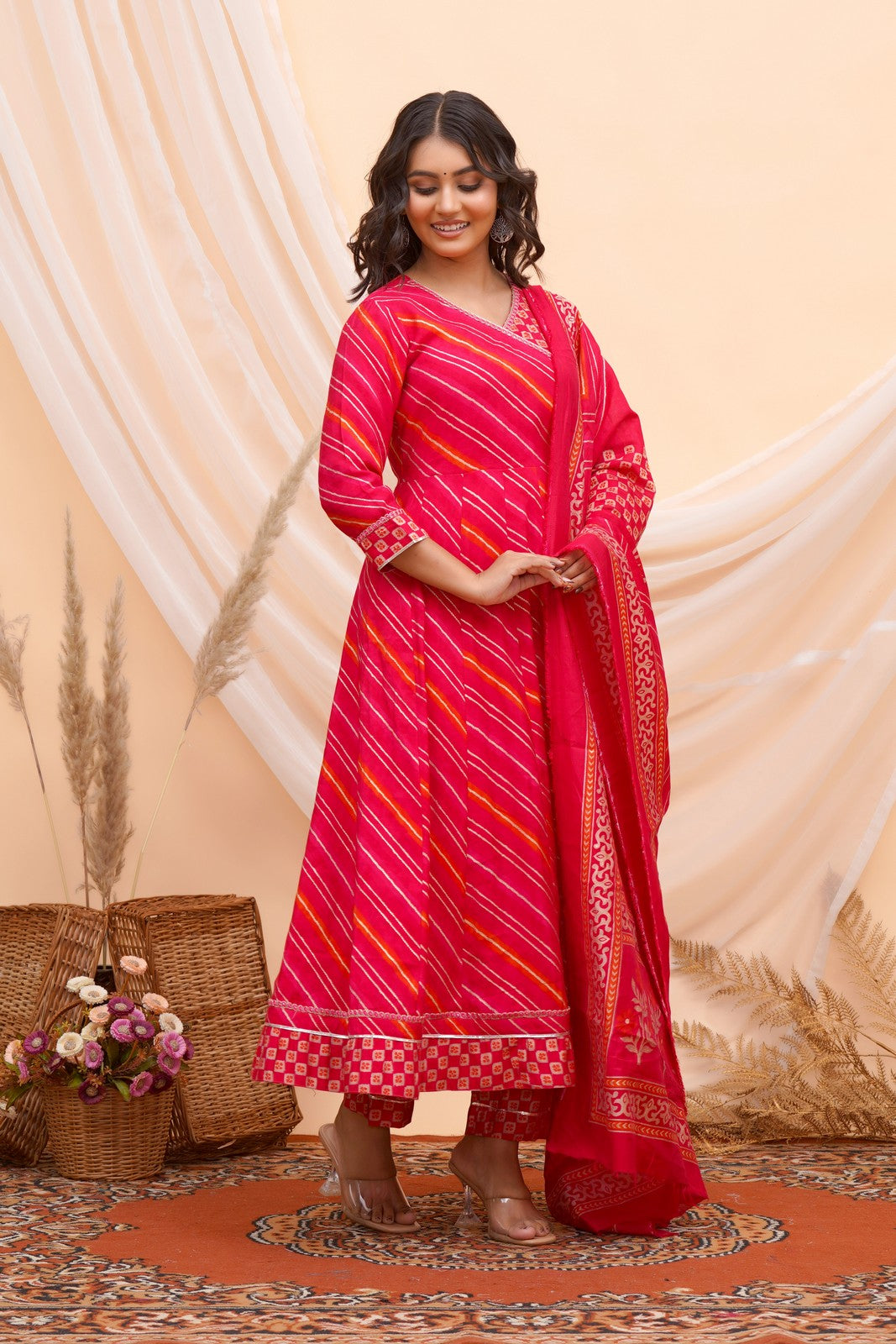 Buy Pink Leheriya Print Anarkali Suit Set Online
