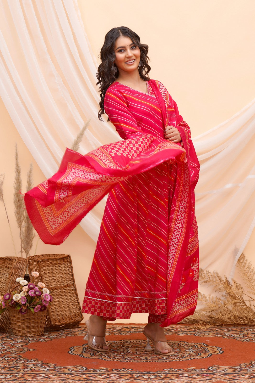 Buy Pink Leheriya Print Anarkali Suit Set Online