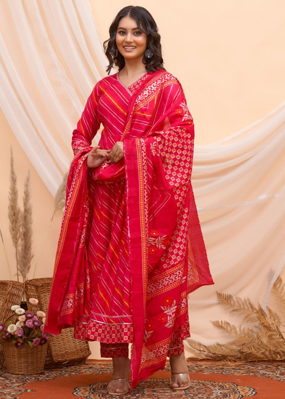 Buy Pink Leheriya Print Anarkali Suit Set Online