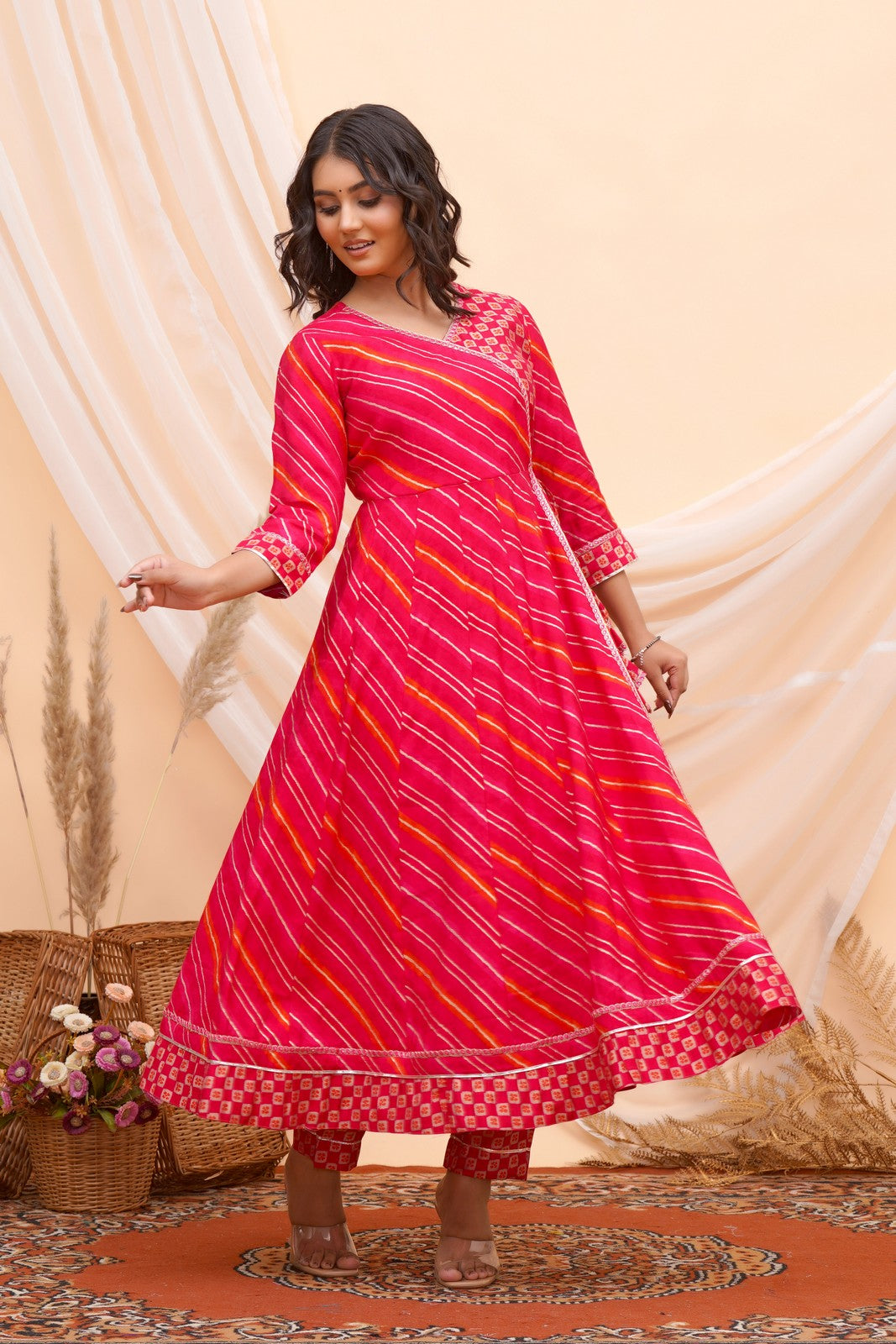 Buy Pink Leheriya Print Anarkali Suit Set Online