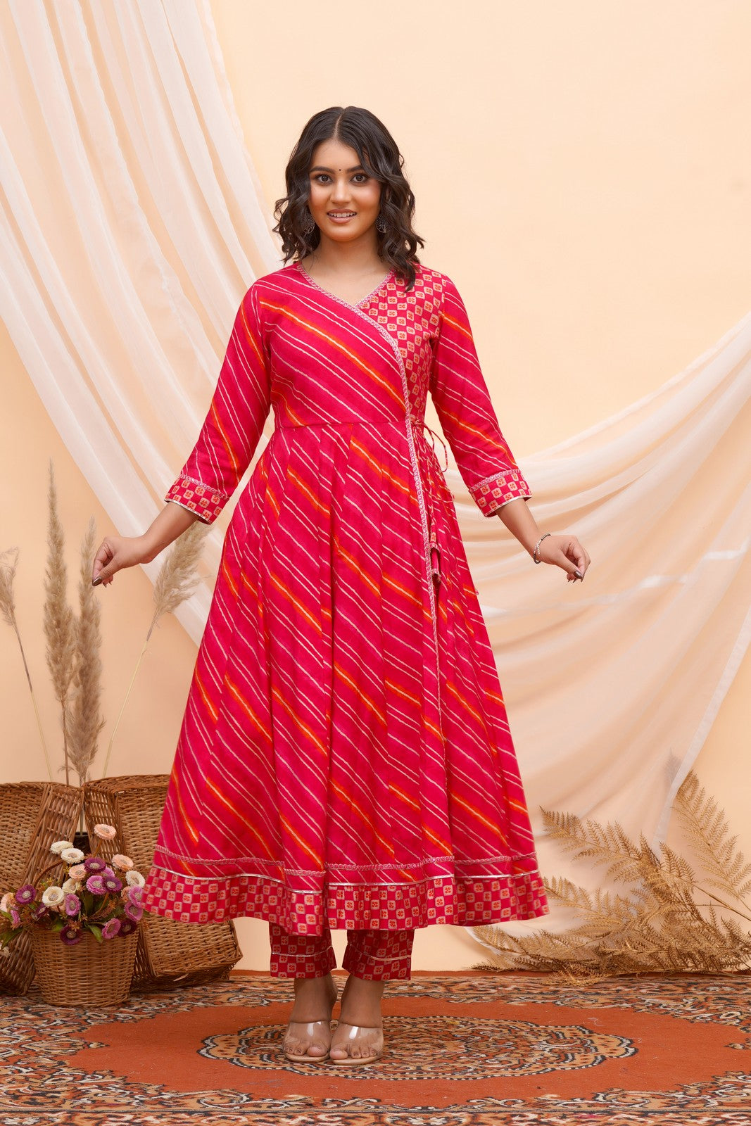 Buy Pink Leheriya Print Anarkali Suit Set Online