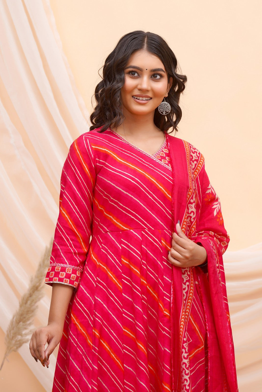 Buy Pink Leheriya Print Anarkali Suit Set Online