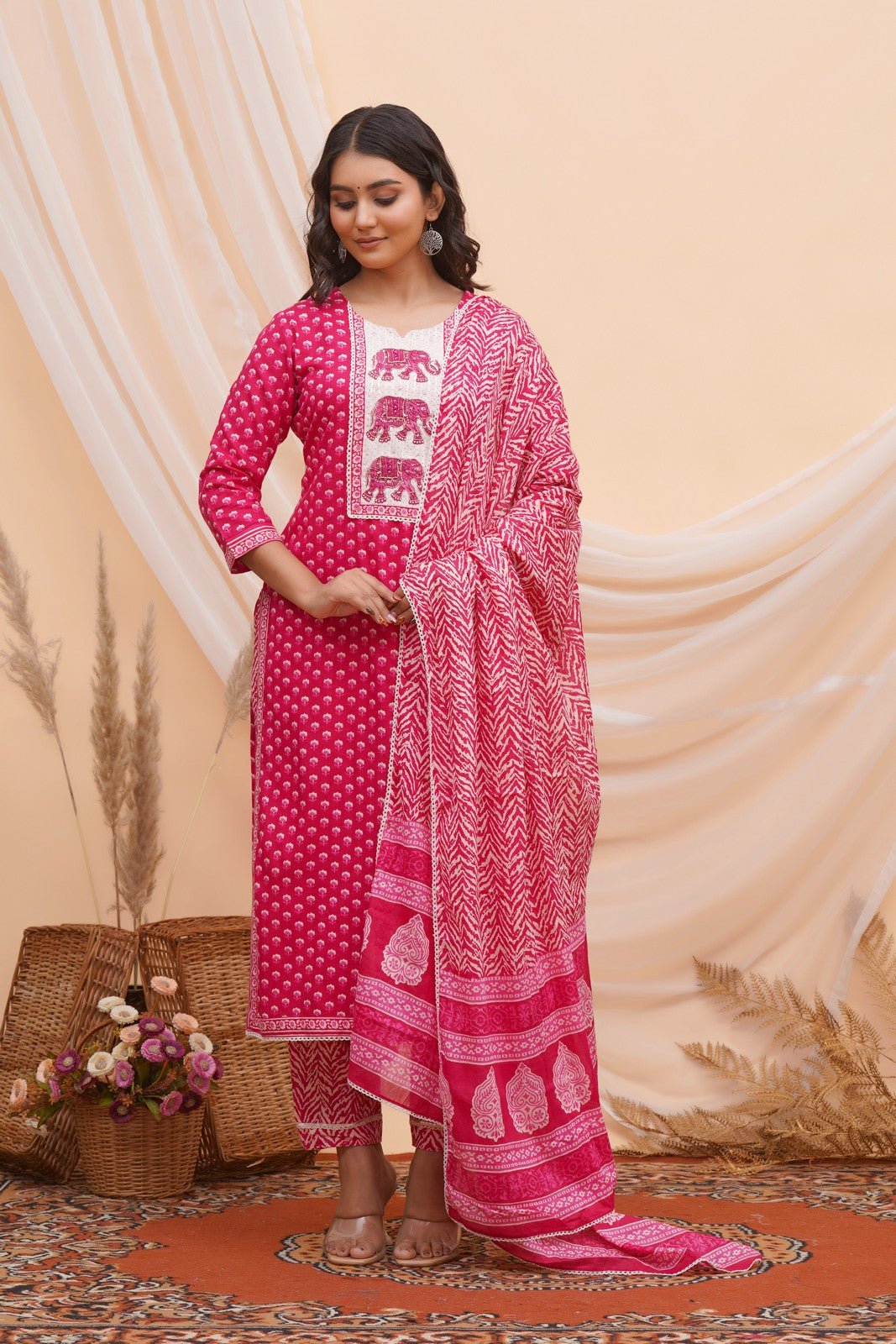 Buy Pink Hand Block Print Beautiful Traditional Suit Set Online