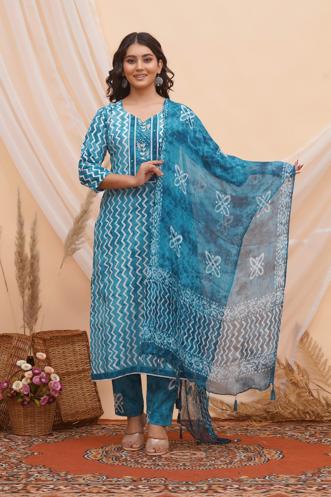 Buy Blue Block Print Latest Suit Set Online