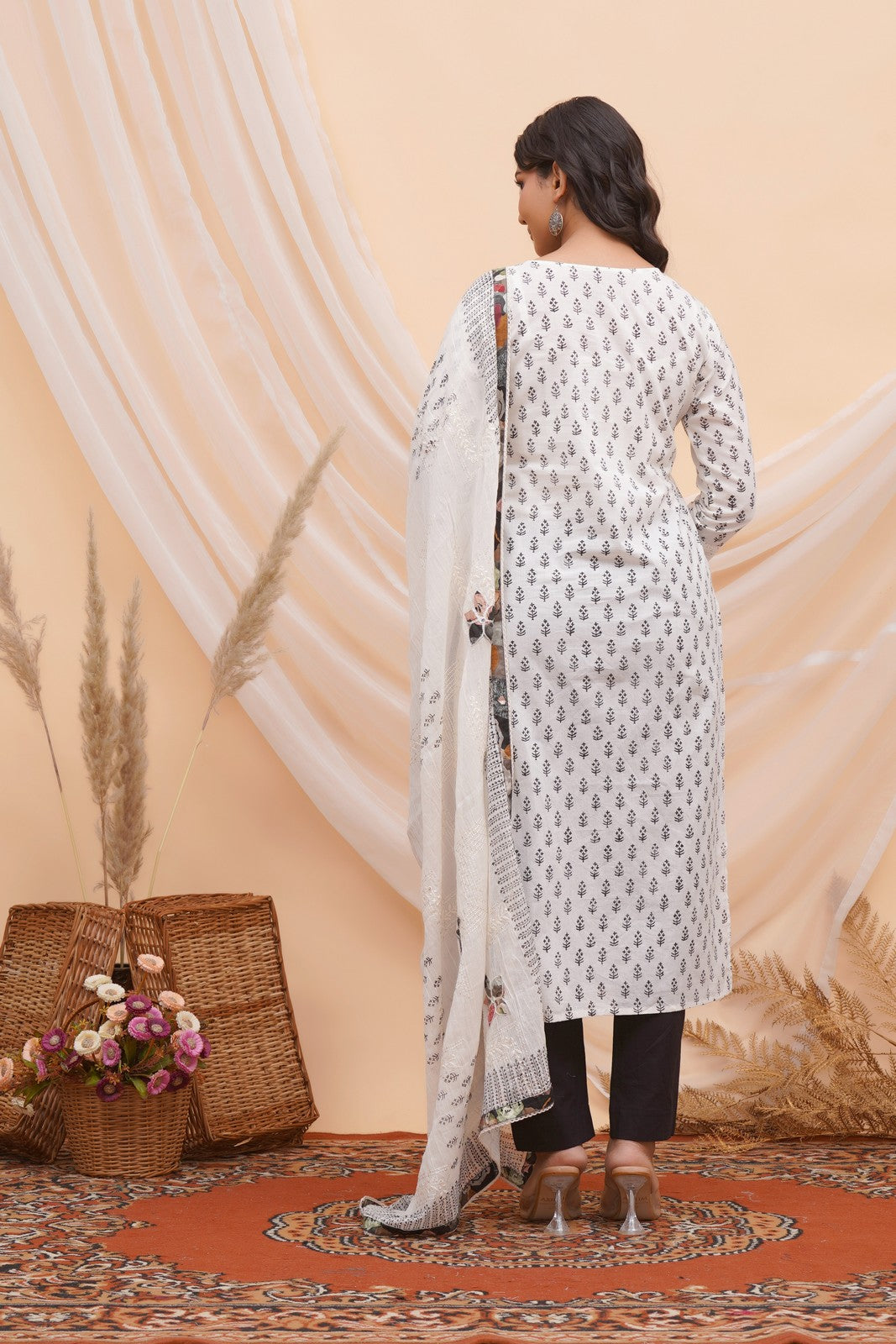 Buy Off White Block Print Hand Work Suit Set