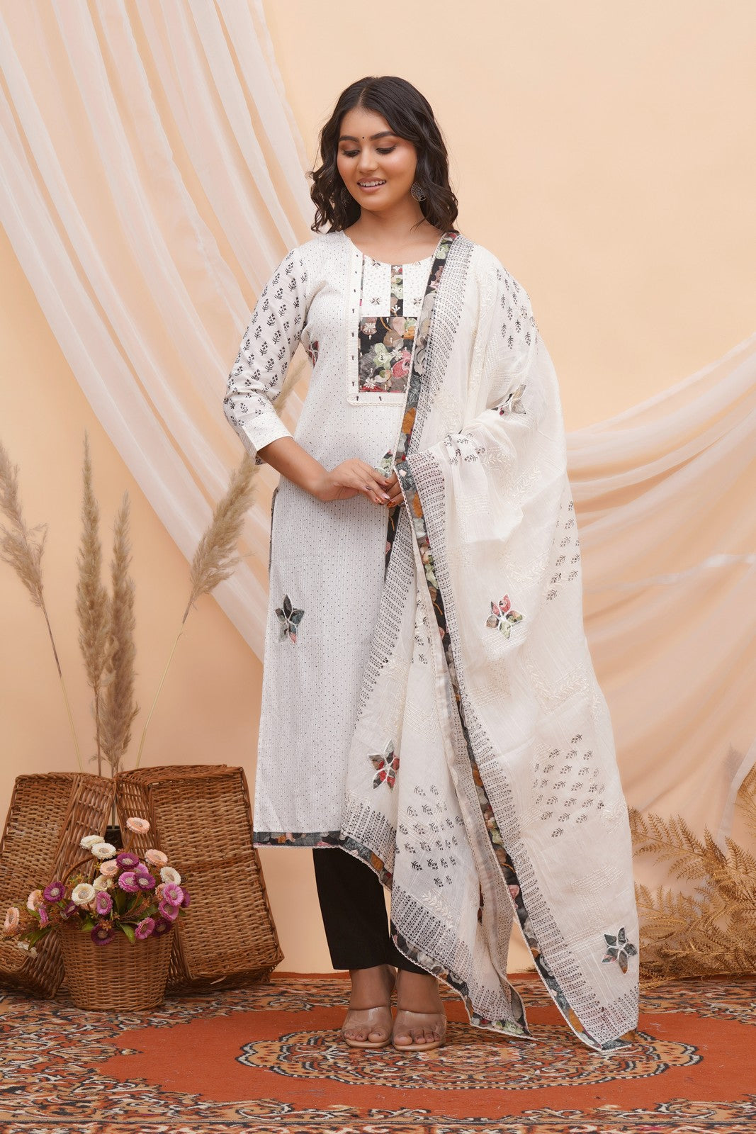 Buy Off White Block Print Hand Work Suit Set