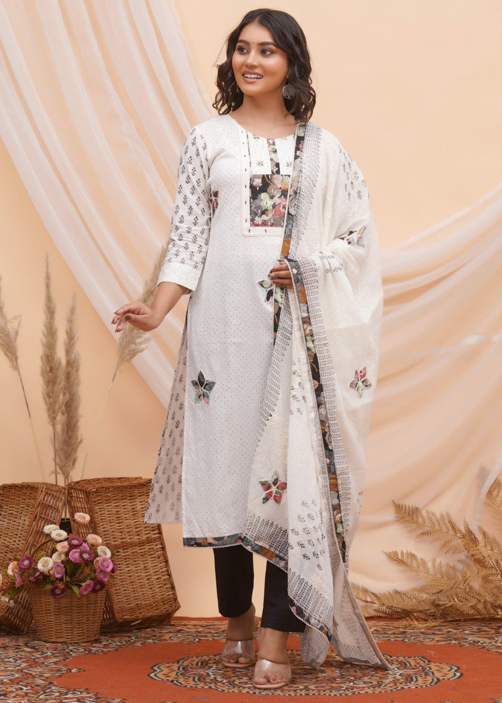 Buy Off White Block Print Hand Work Suit Set