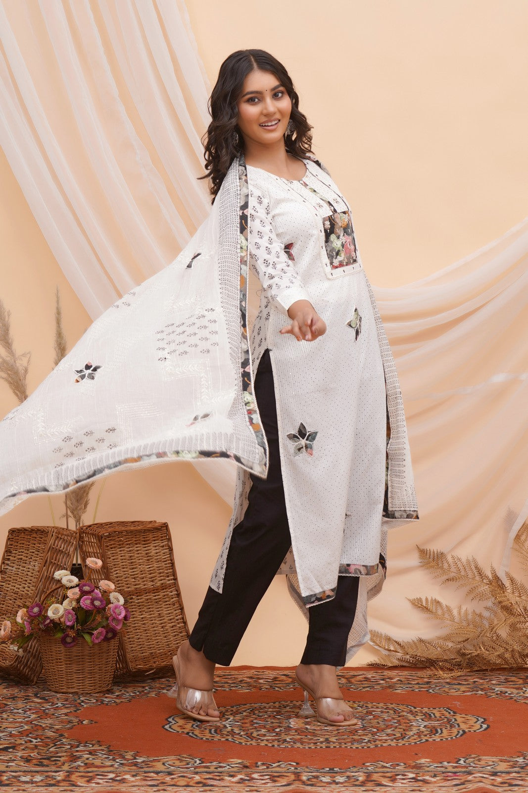 Buy Off White Block Print Hand Work Suit Set