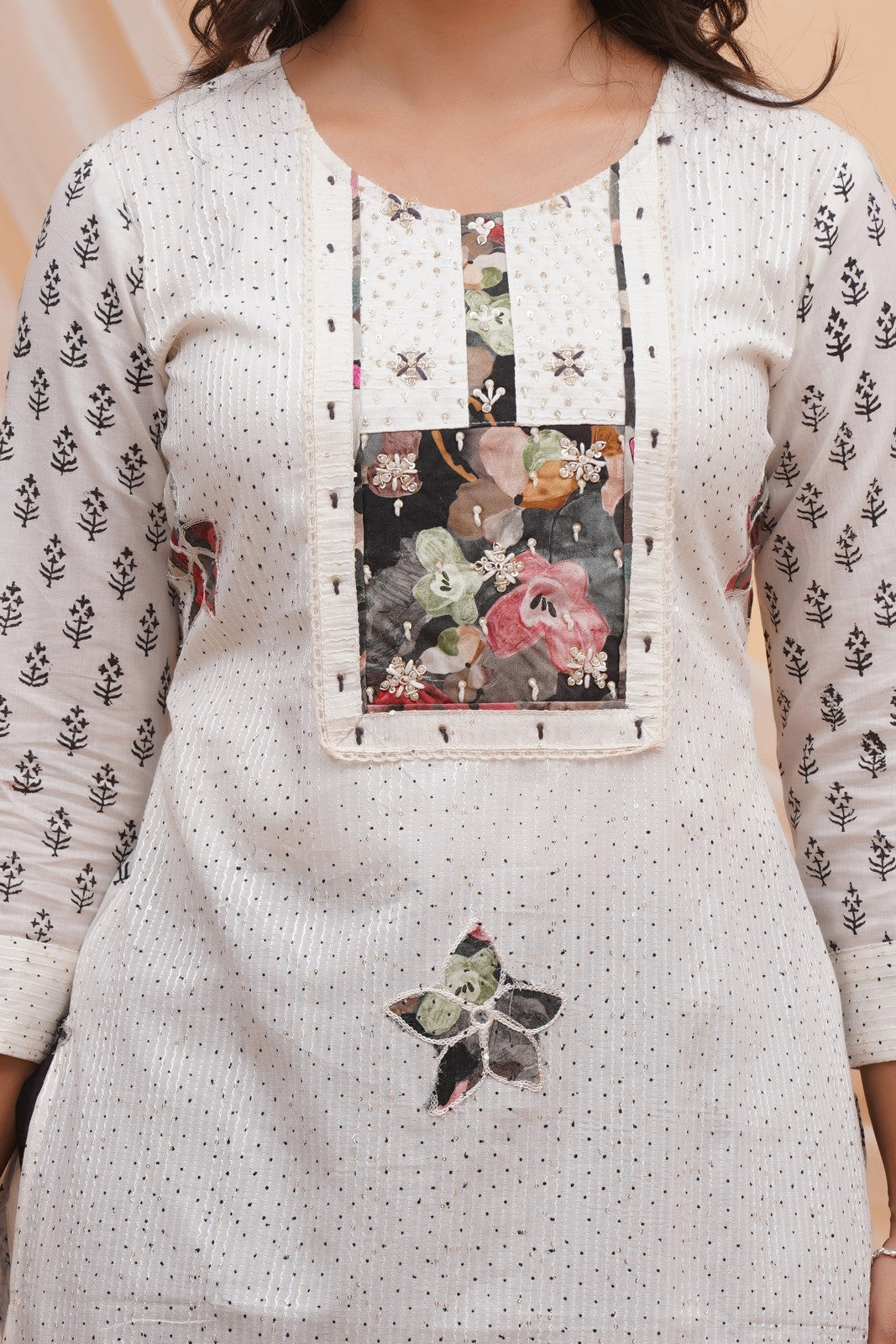 Buy Off White Block Print Hand Work Suit Set