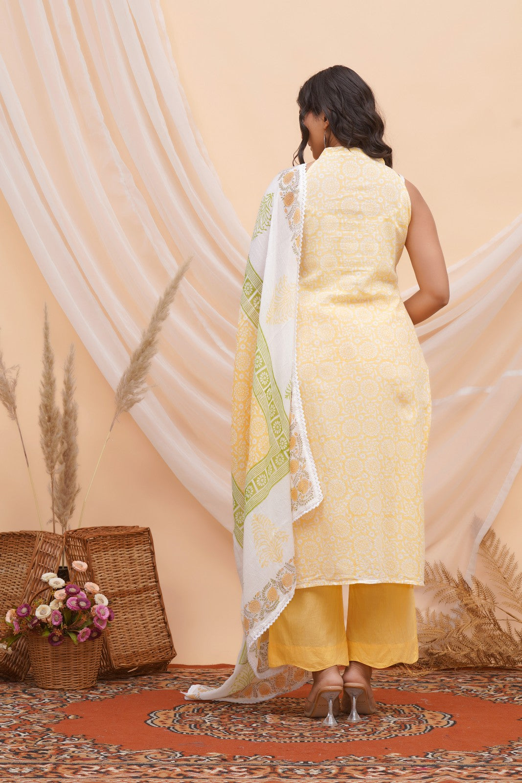 Buy Yellow Blcok Print Cut Sleeves Beautiful Suit Set