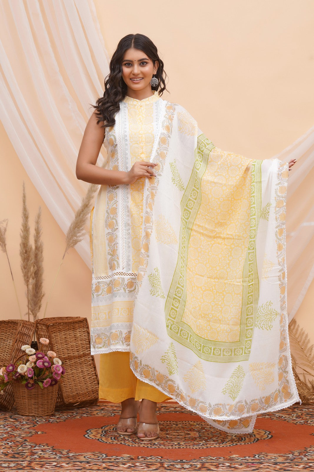 Buy Yellow Blcok Print Cut Sleeves Beautiful Suit Set
