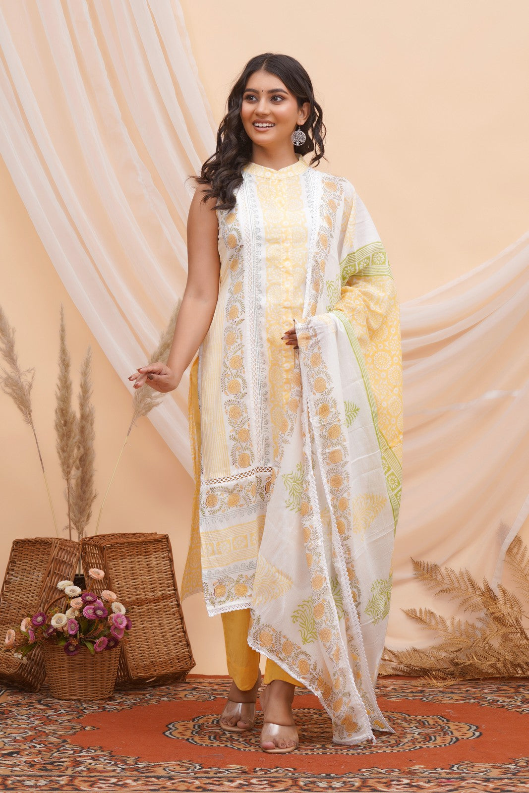 Buy Yellow Blcok Print Cut Sleeves Beautiful Suit Set
