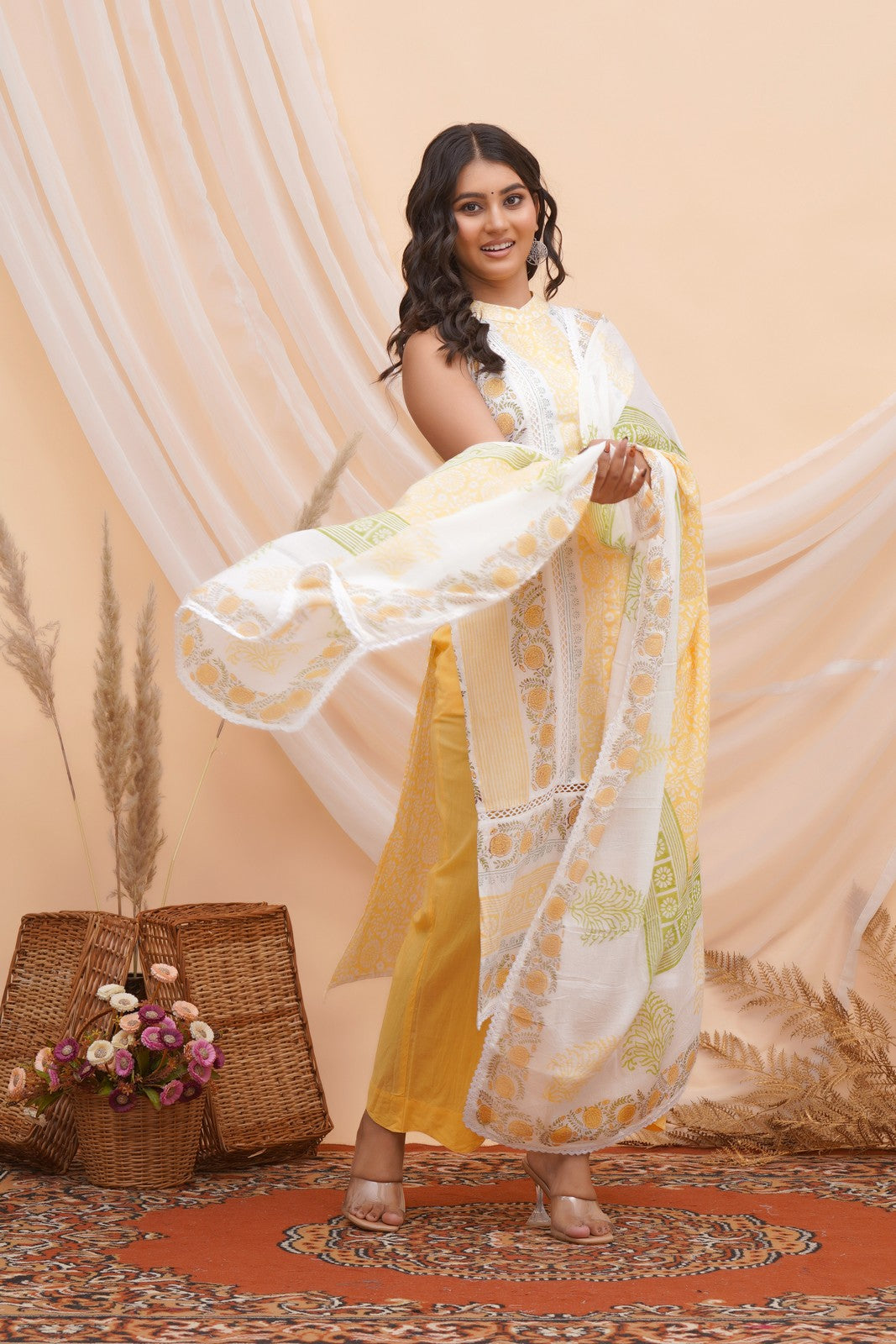 Buy Yellow Blcok Print Cut Sleeves Beautiful Suit Set