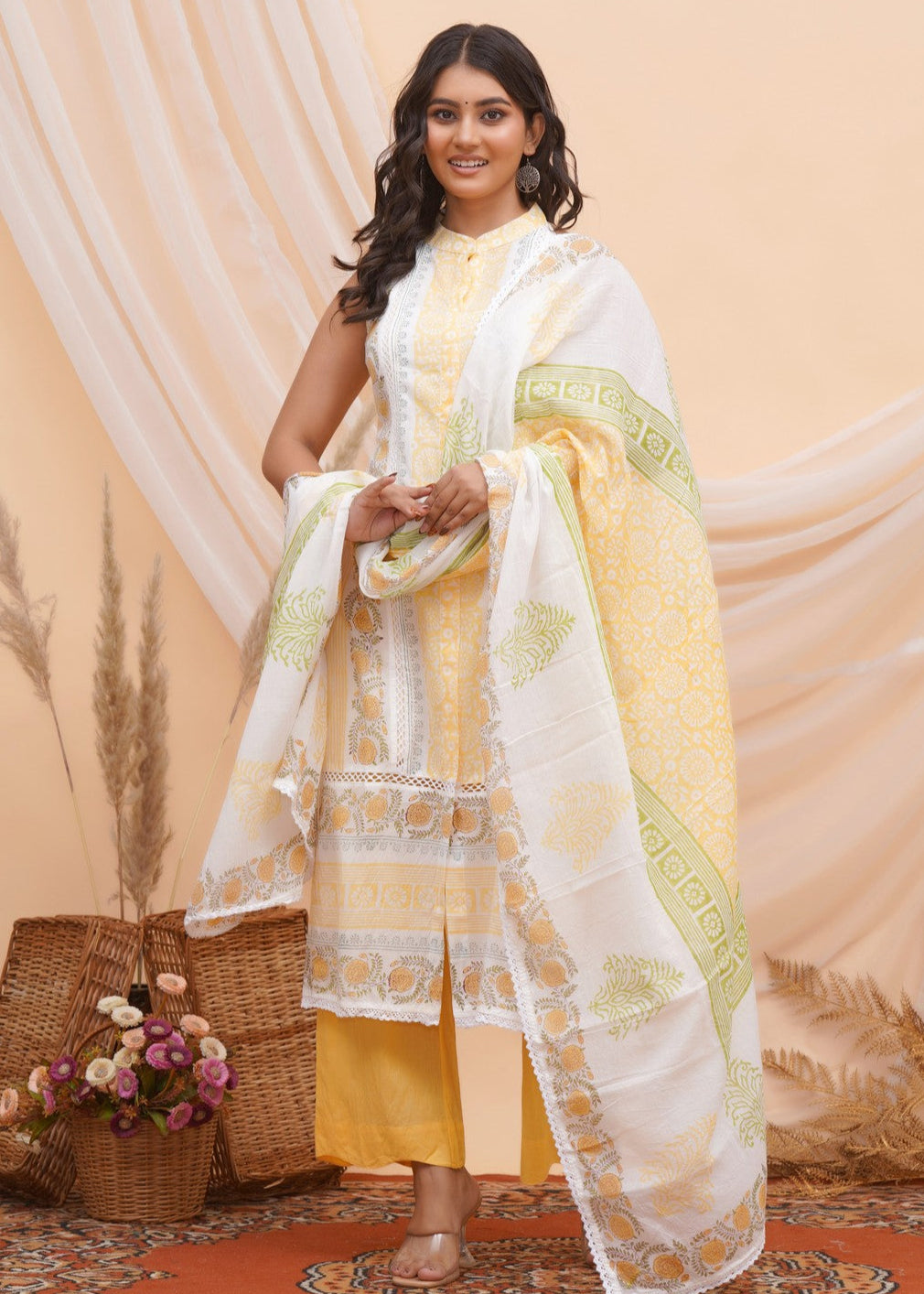 Buy Yellow Blcok Print Cut Sleeves Beautiful Suit Set