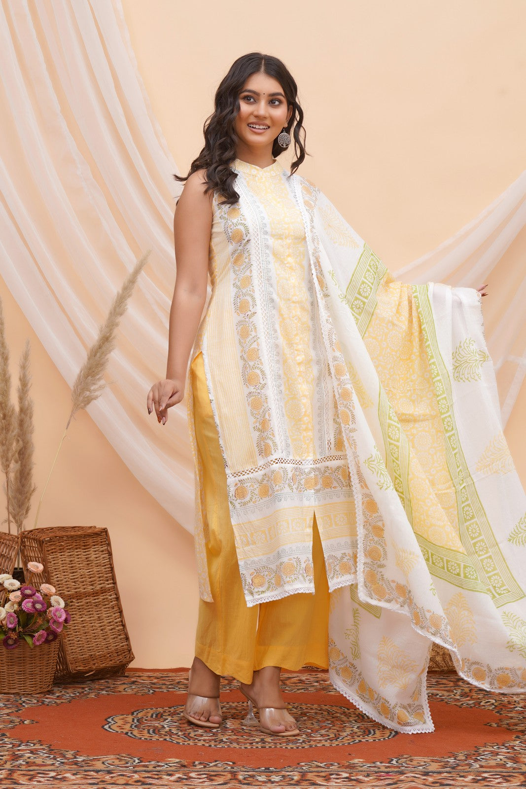 Buy Yellow Blcok Print Cut Sleeves Beautiful Suit Set