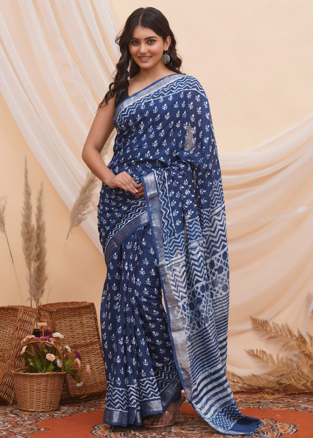 Buy Indigo Blue Latest Bagru Block Print Linen Saree