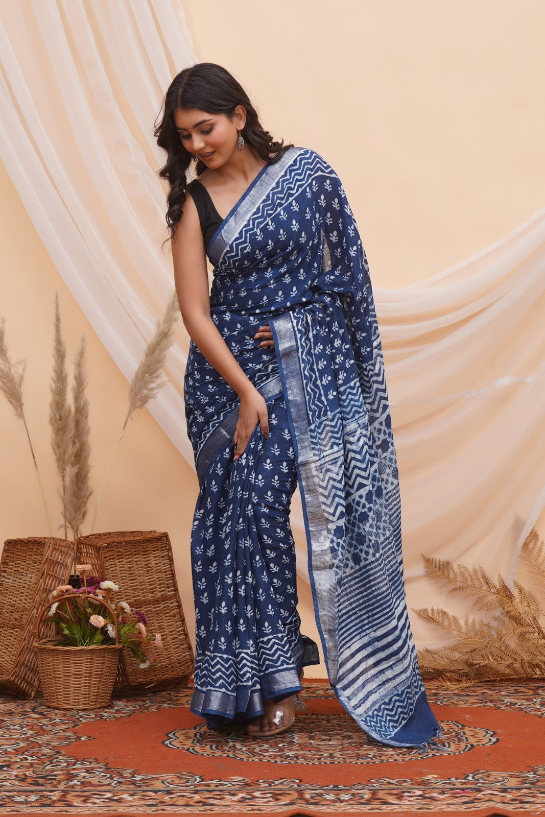 Buy Indigo Blue Latest Bagru Block Print Linen Saree