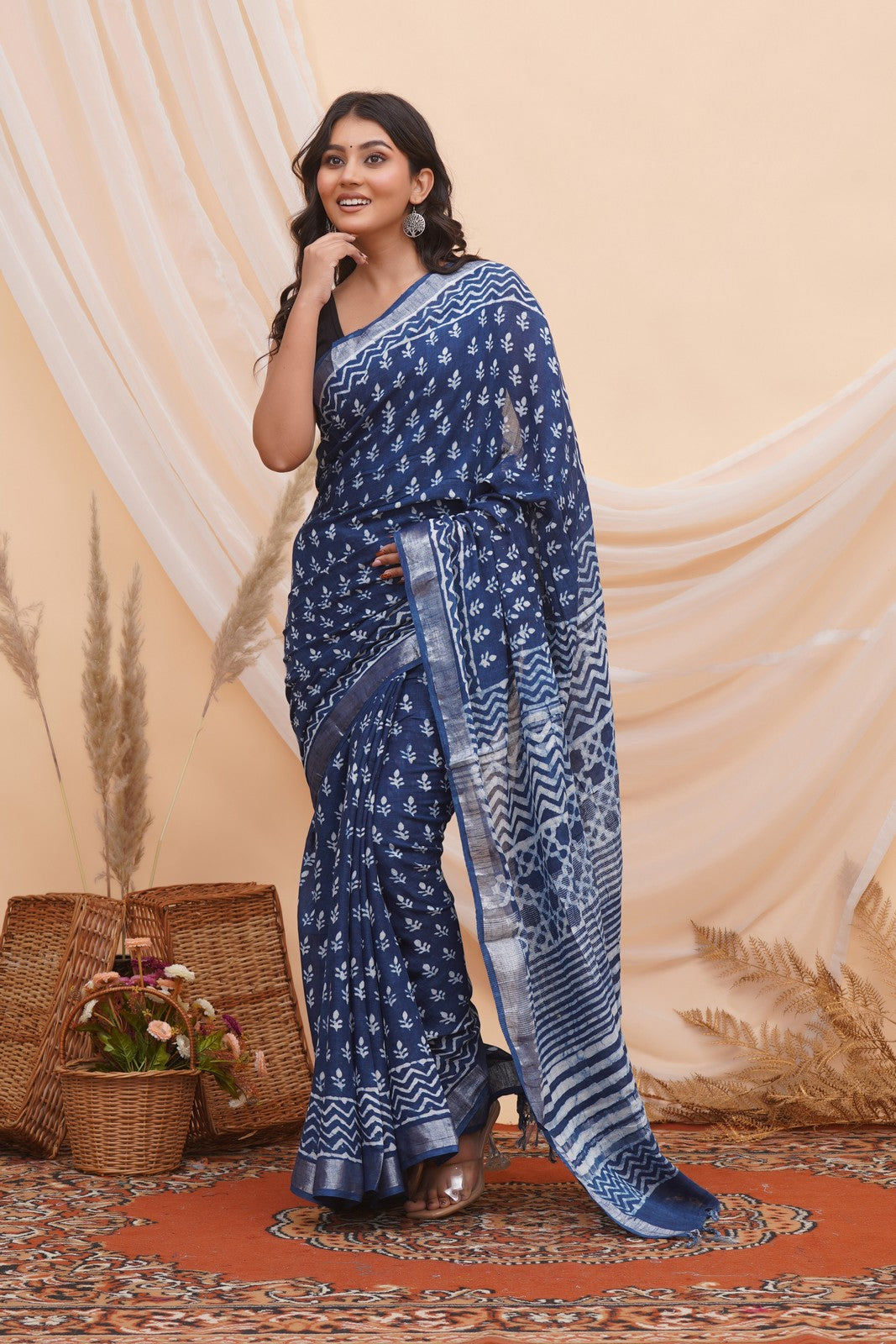 Buy Indigo Blue Latest Bagru Block Print Linen Saree