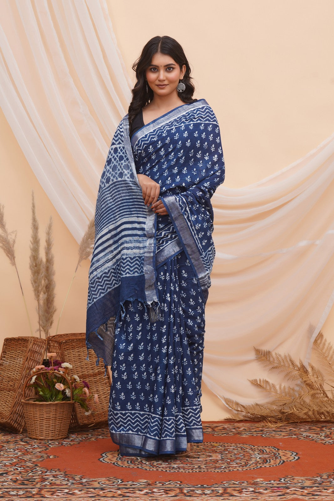 Buy Indigo Blue Latest Bagru Block Print Linen Saree