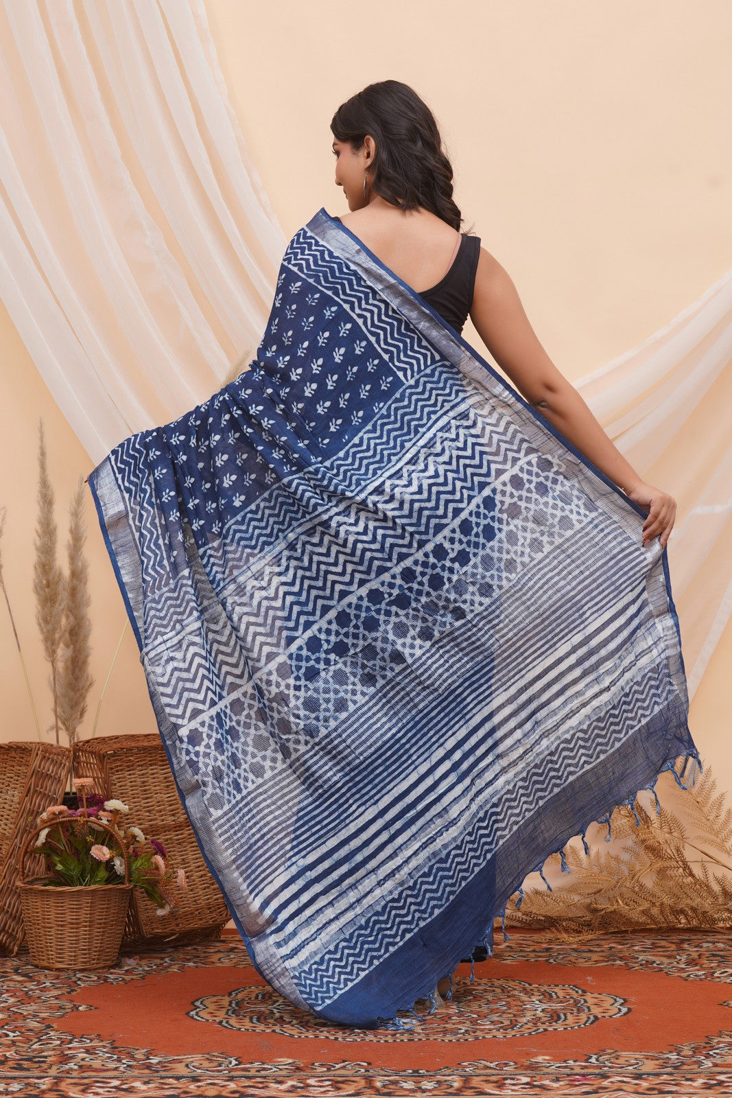Buy Indigo Blue Latest Bagru Block Print Linen Saree