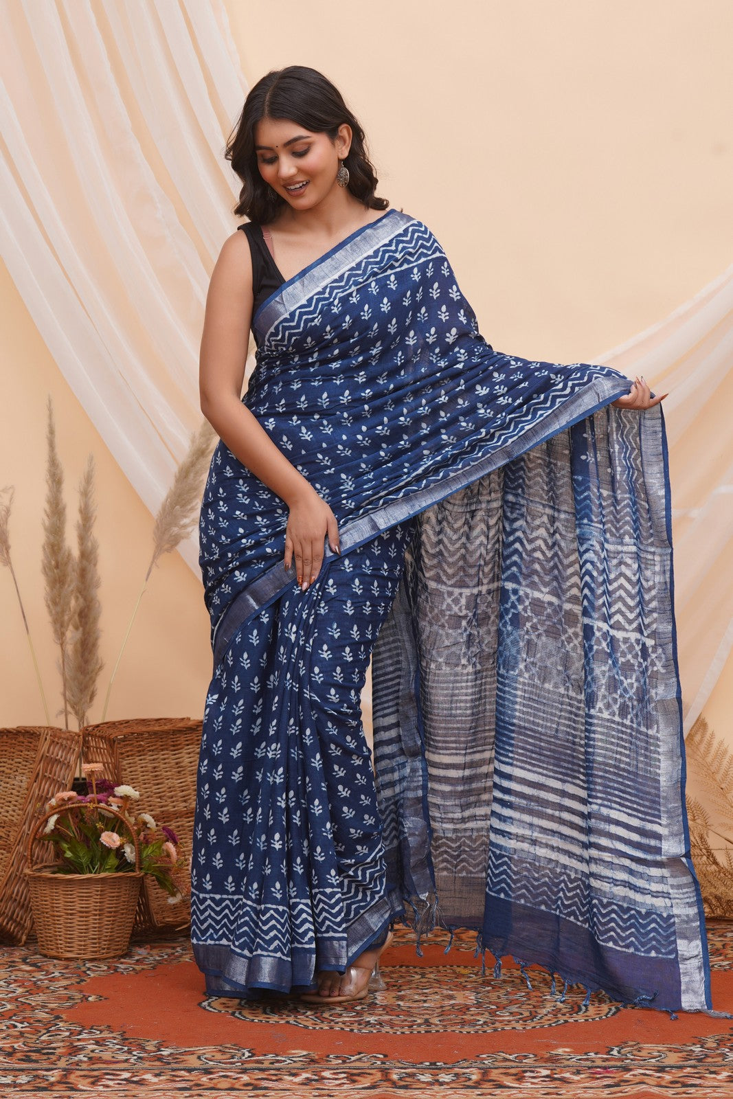 Buy Indigo Blue Latest Bagru Block Print Linen Saree