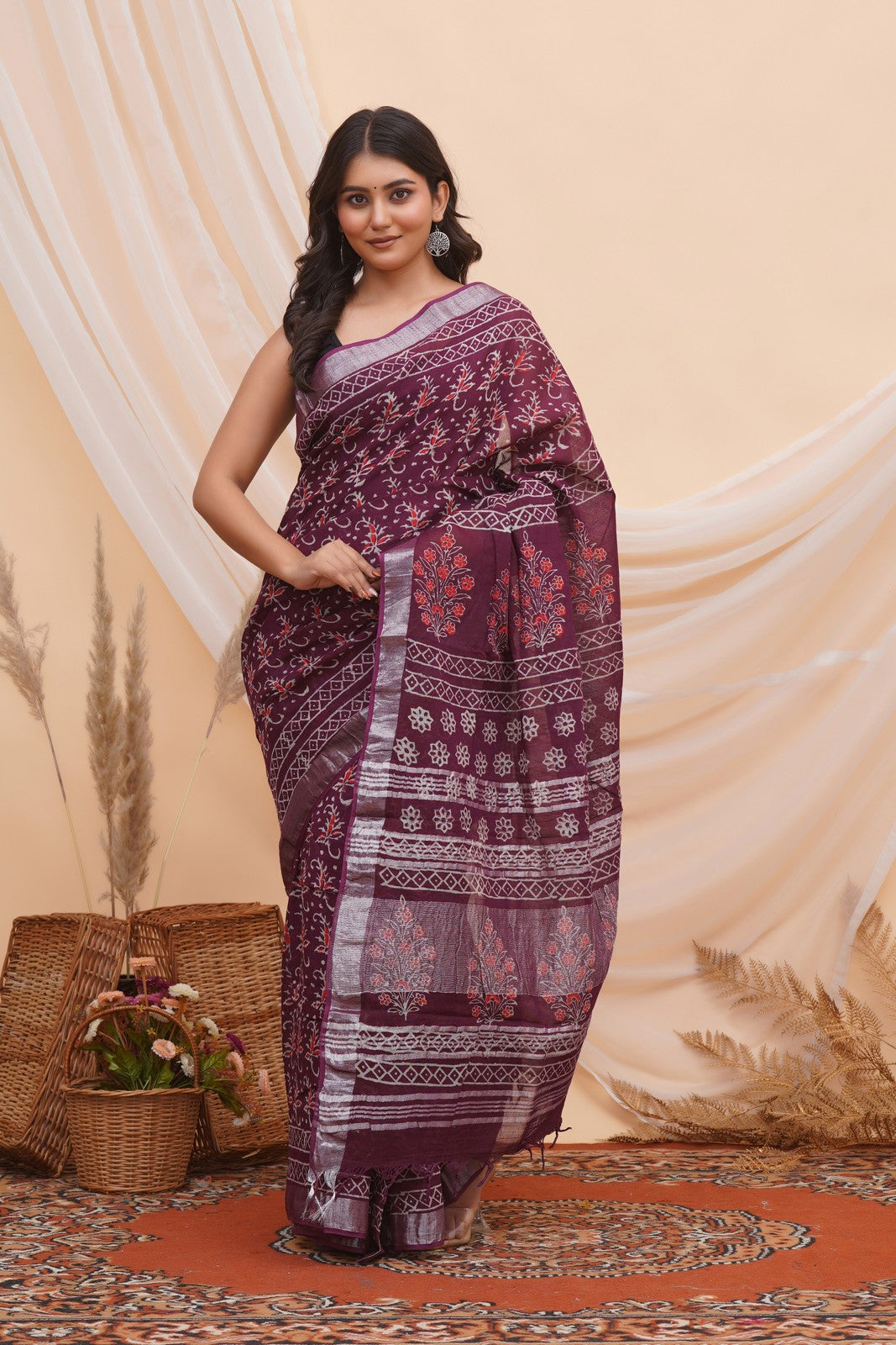 Buy Purple Latest Bagru Block Print Linen Saree