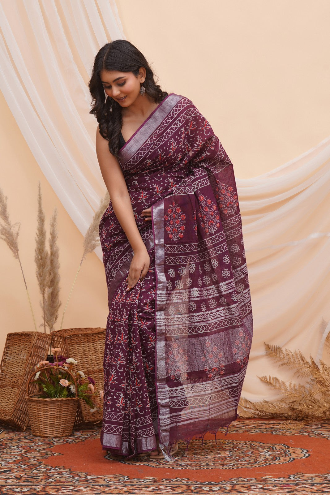 Buy Purple Latest Bagru Block Print Linen Saree