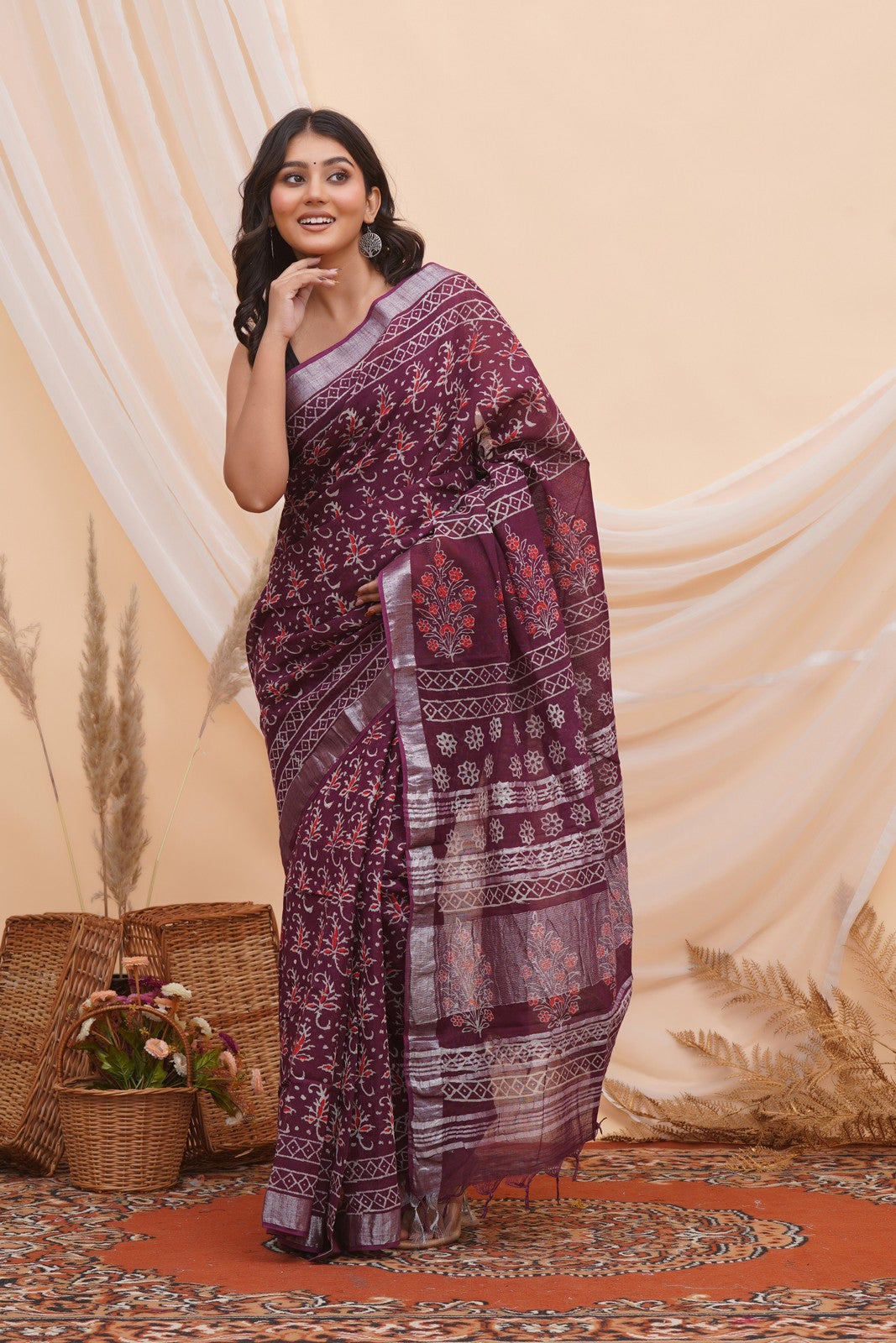 Buy Purple Latest Bagru Block Print Linen Saree